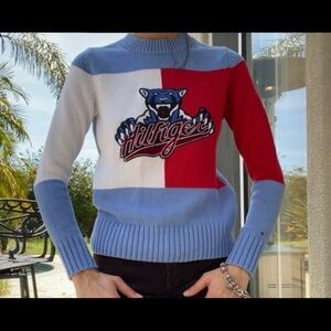 VNTG TOMMY HILFIGER DENIM COLOR BLOCK VARSITY SWEATER//BLUE RED WHITE//PANTHER